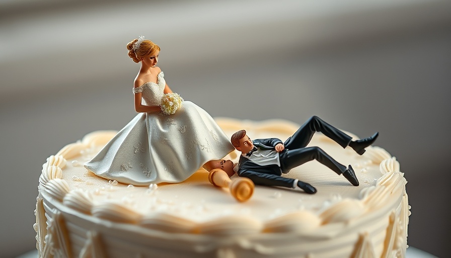 Wedding cake split with bride and groom toppers, representing women ditching marriage.