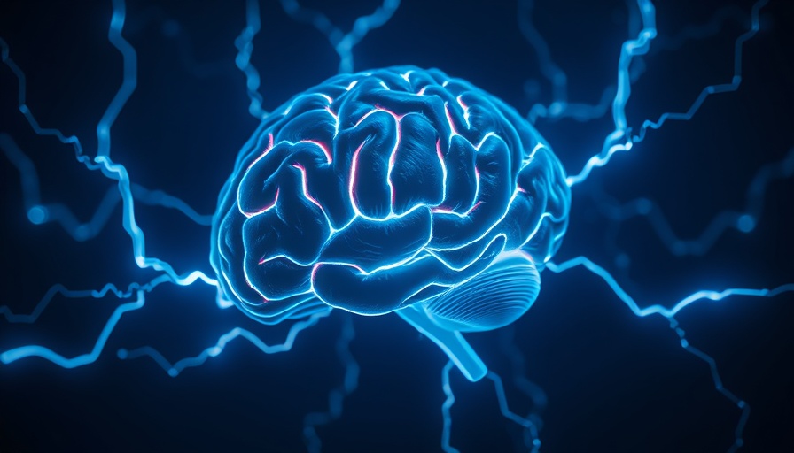 Brain stimulation concept with glowing brain and electric currents.