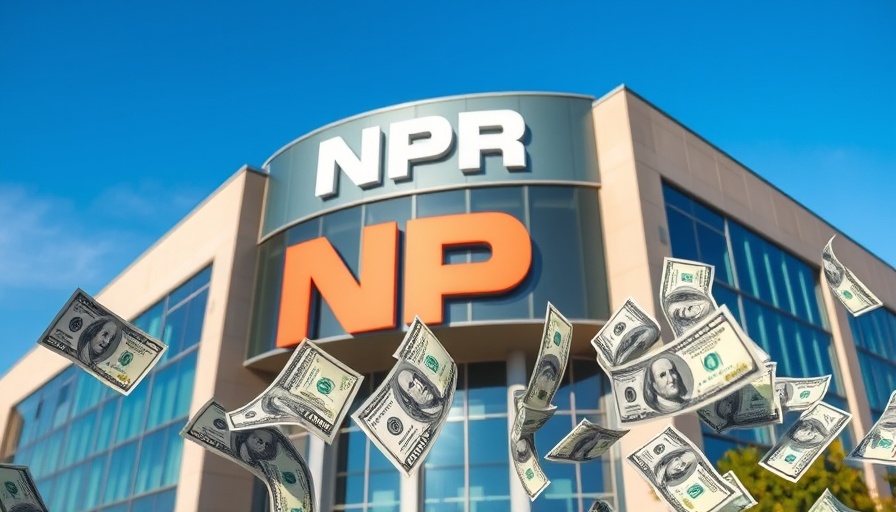 NPR building with dollar bills overlay, NPR federal funding concept.