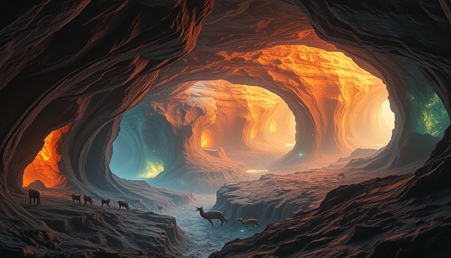 Fantasy depiction of Earth's mantle animal migration in glowing caves.
