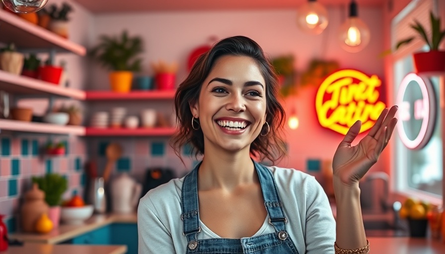 Cheerful woman in kitchen showcasing Hornitos Mex Gala neon sign.