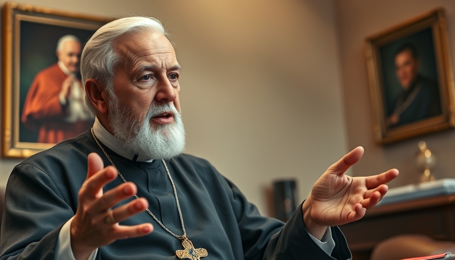 Elderly religious leader discussing leadership, framed Pope photo in background.