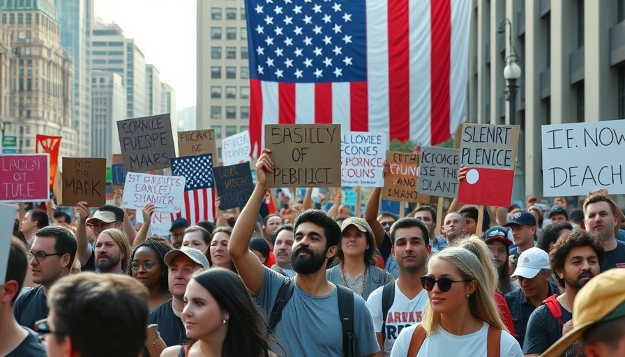 Protesters with signs in front of large American flag display.