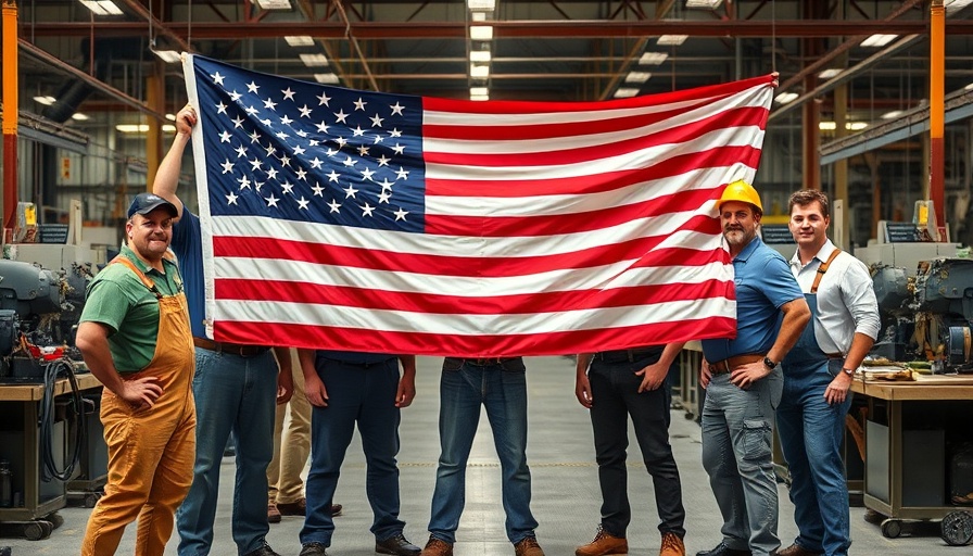 US manufacturing investments amid tariffs: workers with American flag.