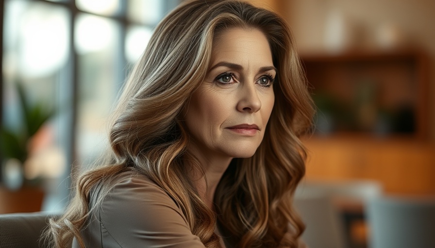 Mature woman with long hair sitting indoors, thoughtful expression.