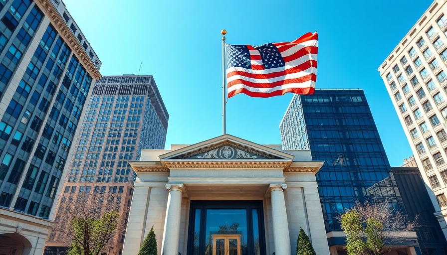 America First State Department building with American flag.