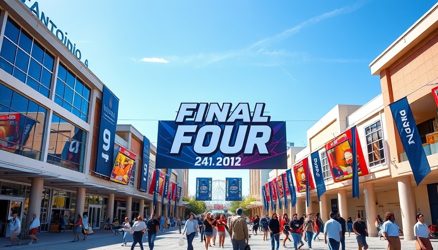 San Antonio event center with Final Four banner on a sunny day.