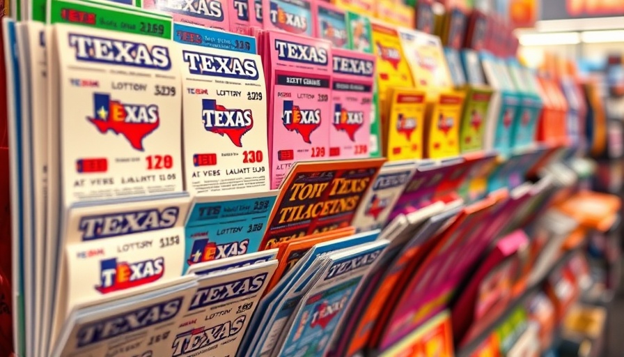 Assorted Texas lottery tickets in a display related to Texas Lottery Scandal.