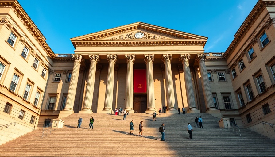 University building with columns, students ascending stairs.