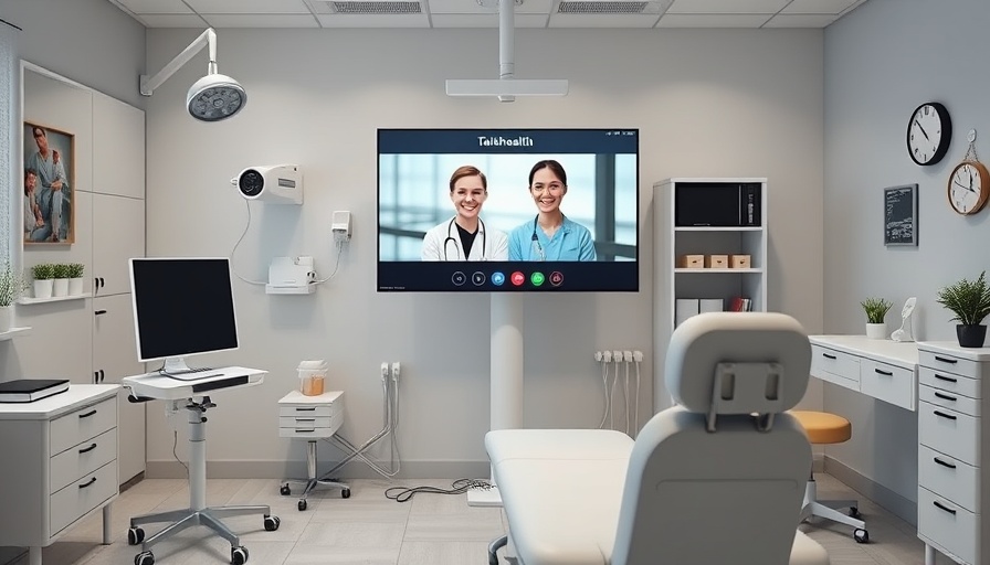 Modern telehealth setup in a clinical room, highlighting emission reduction.