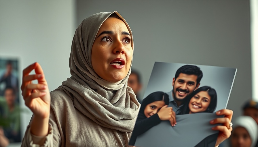 Expressive woman discussing immigration policy USA with a poster.