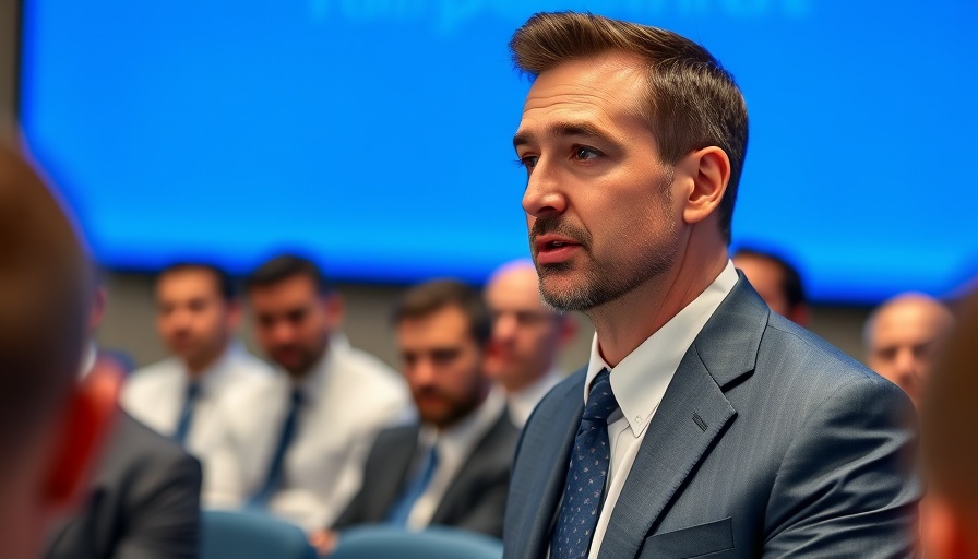 Well-groomed man addressing audience at conference, confident expression.