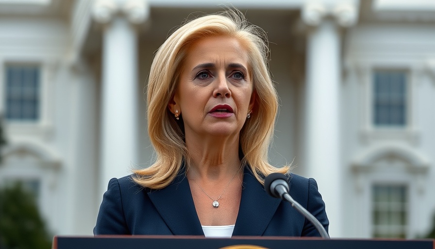 Blonde woman speaking at podium, White House backdrop, international trade USA
