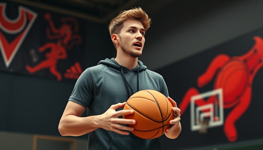 Young man energetically holding a basketball indoors with red graphics.