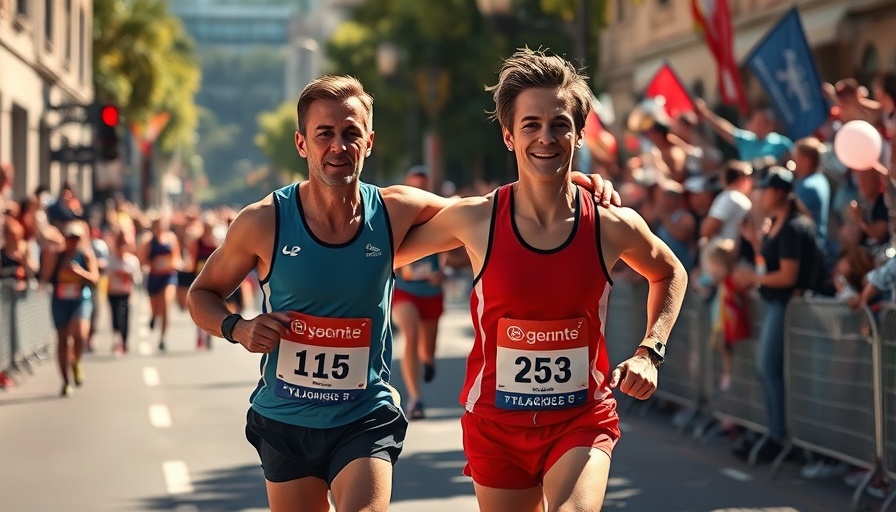 Runners demonstrating kindness in sports during marathon, sunny street.