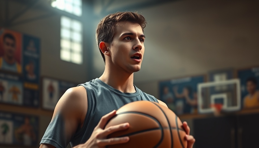 Young man with basketball, speaking passionately in sports setting.