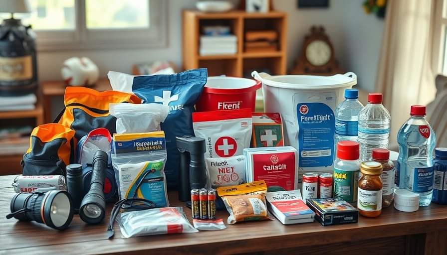 Diverse emergency supplies on a table for Texas tax-free buying.