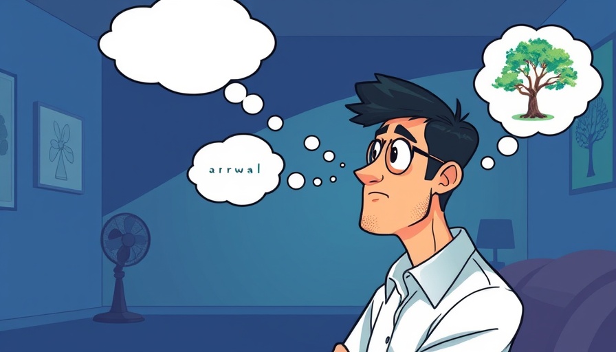 Cartoon man thinking about white noise vs green noise with fan and tree.