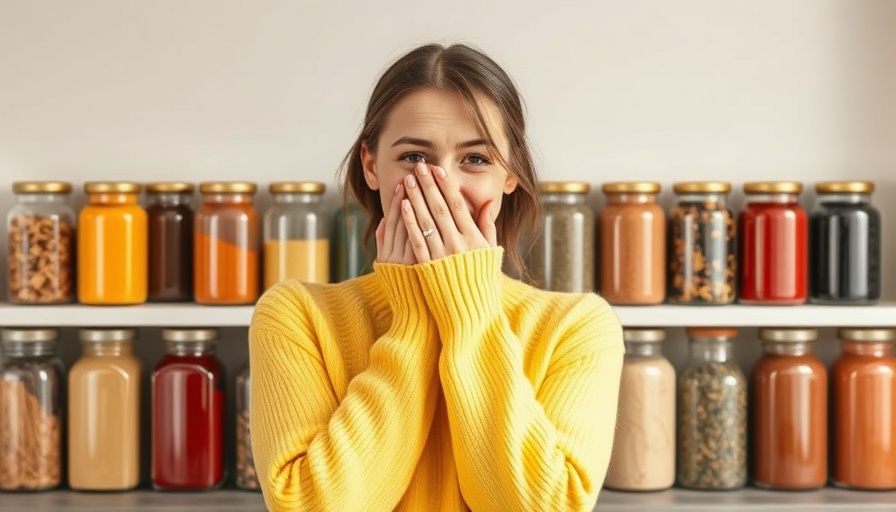 Young woman playfully covering face in front of spice jars, highlighting proper spice storage.