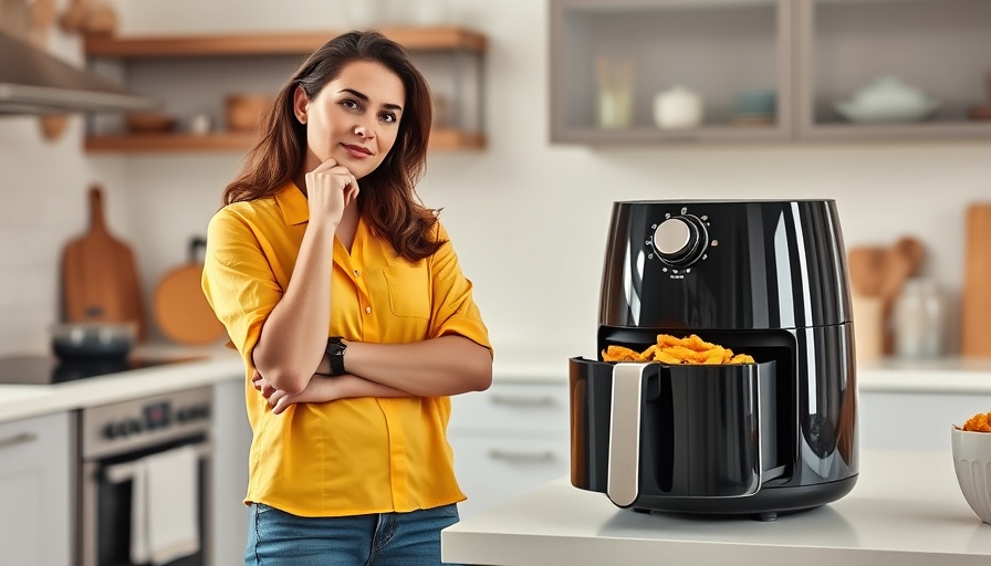 Young woman contemplating air fryer downsides in modern kitchen.