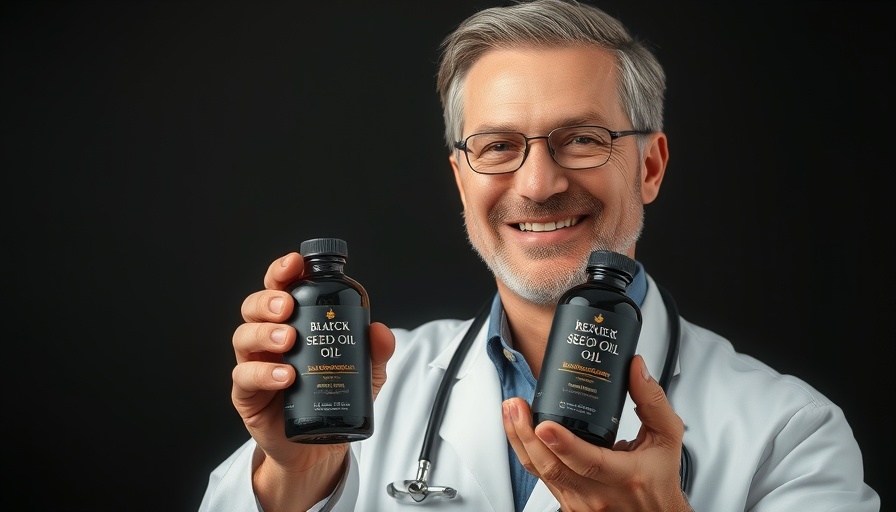 Doctor holding black seed oil bottles confidently.