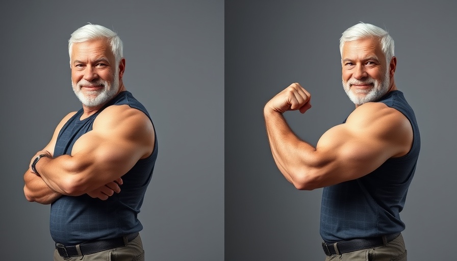 Senior man flexing to show muscle improvement through strength training.