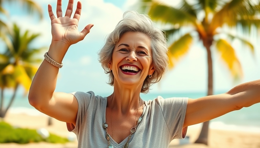 Improve Mobility: Woman performing stretch with tropical background.