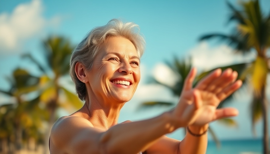 Woman exercising on a tropical beach, promoting healthy lifestyle habits.