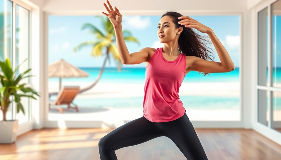 20-Minute Dance Workout for Improved Health exercise with tropical backdrop.