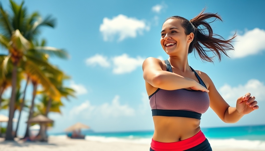 Woman exercising for full body workouts, health and wellness, on a beach.