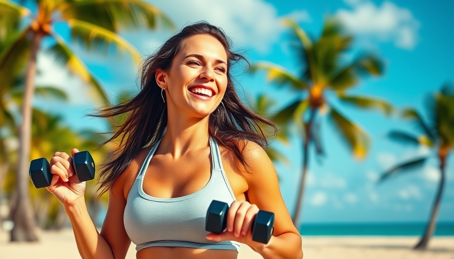 Full Body At Home Workout with tropical backdrop, woman exercising.