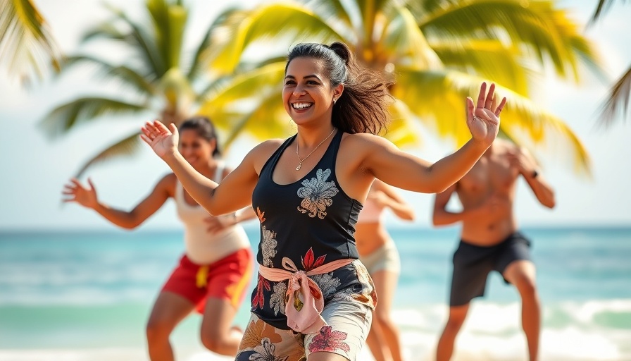 Energetic Latin dance workout session on a tropical beach background.