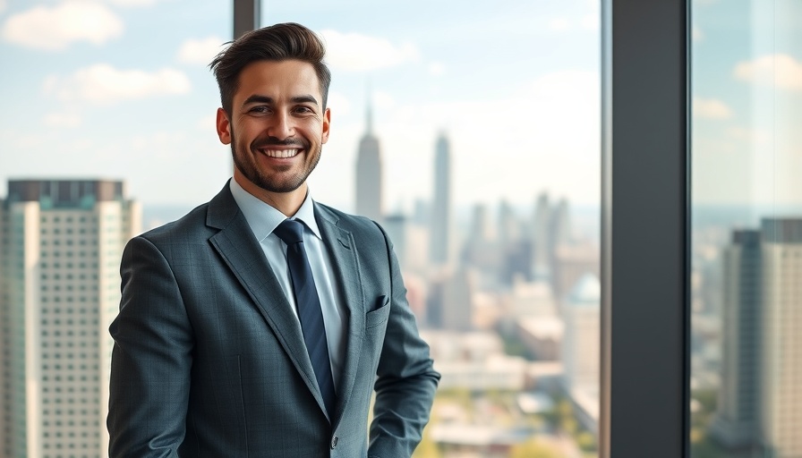 Businessman smiling in Houston office with cityscape view.