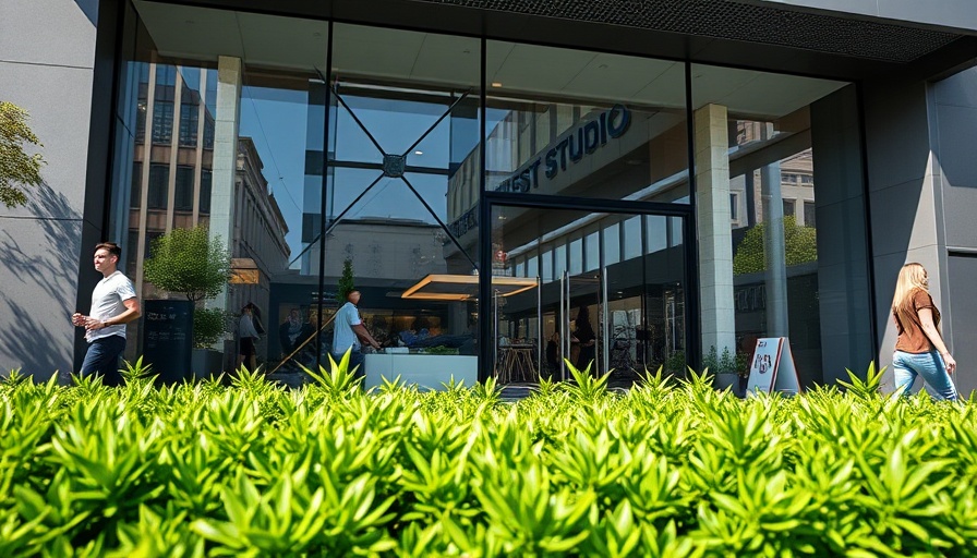 Modern exterior of a Houston business reflecting passersby.