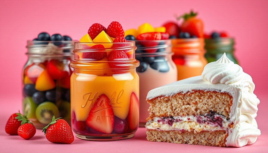 Colorful San Antonio dining desserts in jars and cake slice.