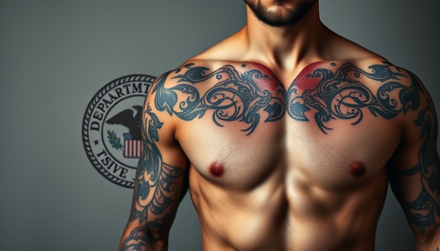 Tattooed chest and Department of Justice seal contrast, racketeering theme