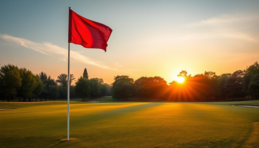 Golf course at sunset with artistic split and red flag.