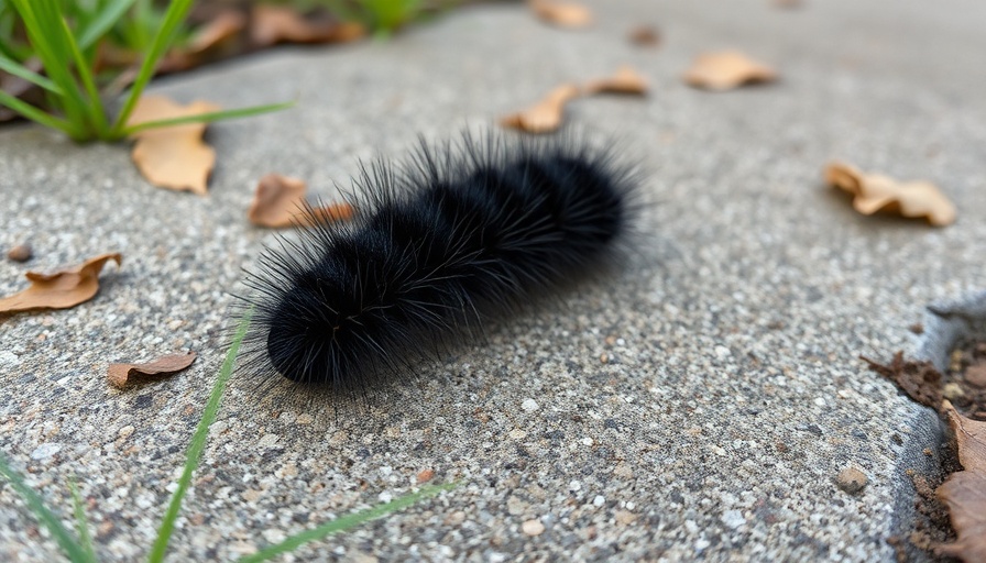 Fuzzy black caterpillar on concrete in Houston with dry leaves