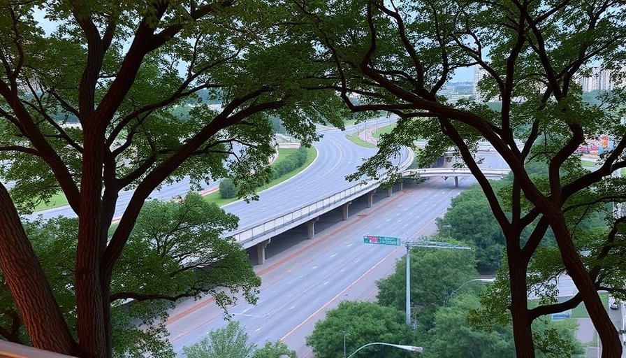 Halperin Park in Dallas shows off views from second story walkway above Interstate 35