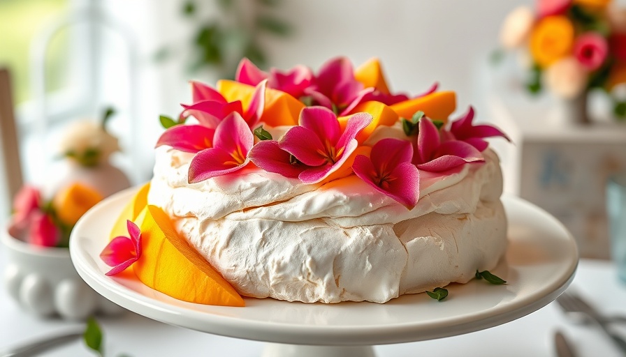 Aquafaba pavlova decorated with flowers and mango.