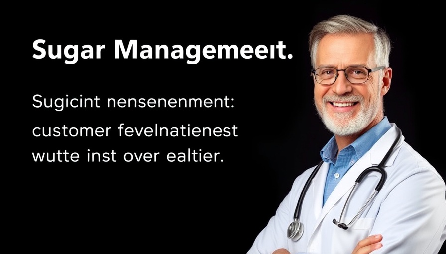 Confident doctor with sugar management text, promoting blood sugar management strategies.