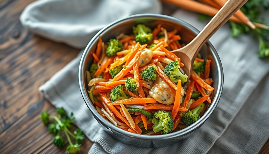 Broccoli and Carrot Slaw with Miso Dressing in a metal bowl on a rustic table.