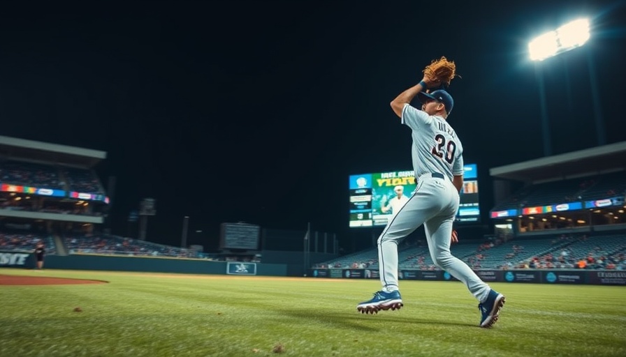 Baseball player in a stadium making a remarkable outfield catch at night.