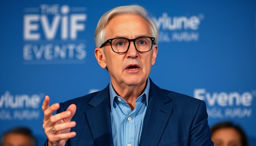 Elderly businessman speaking at event, national news headlines.