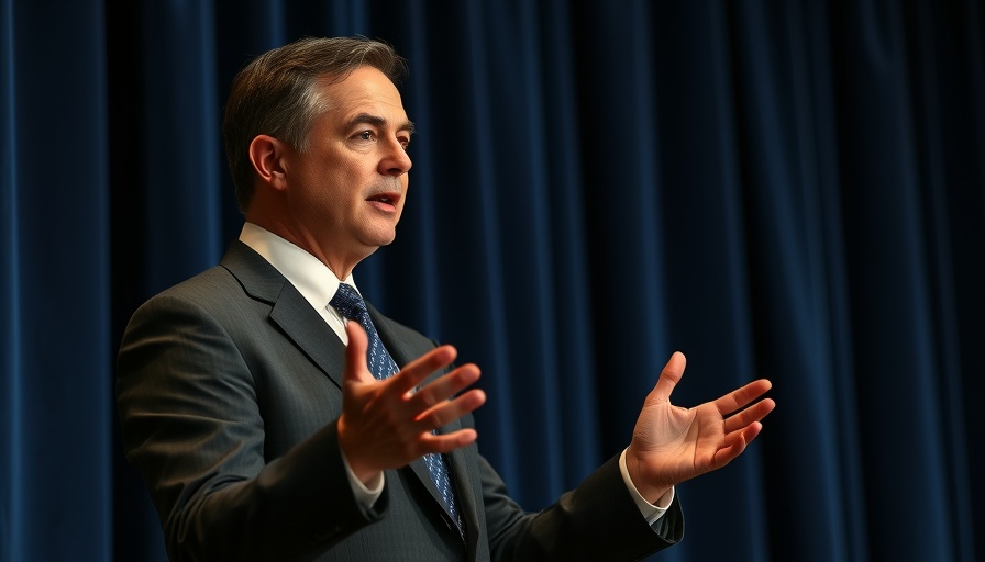 Man speaks at podium against curtain backdrop, addressing audience.