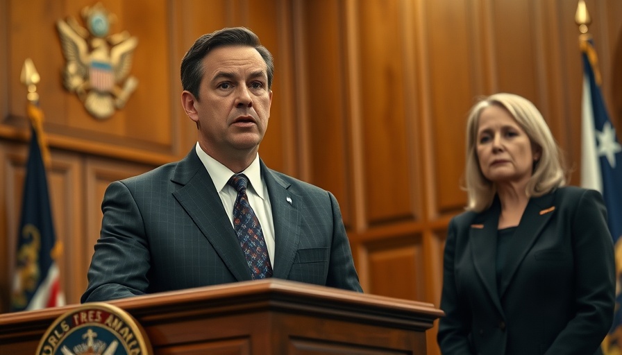 Man discussing Trump's tariffs lawsuit at a podium with colleague listening.