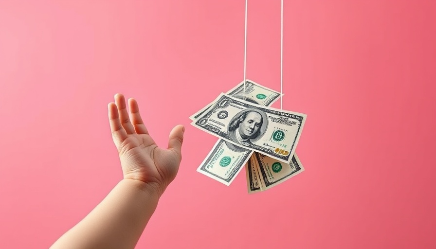 Surreal baby mobile with dollar bills and reaching baby hand, illustrating baby bonus parenting costs.