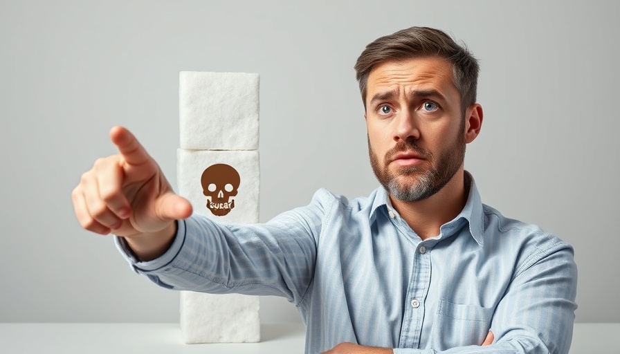 Man highlighting stop sugar now message with sugar cube background.