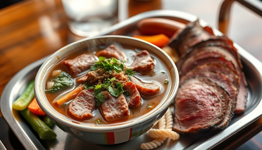 Gourmet food tray at Houston pop-up restaurants with brisket and sausage.