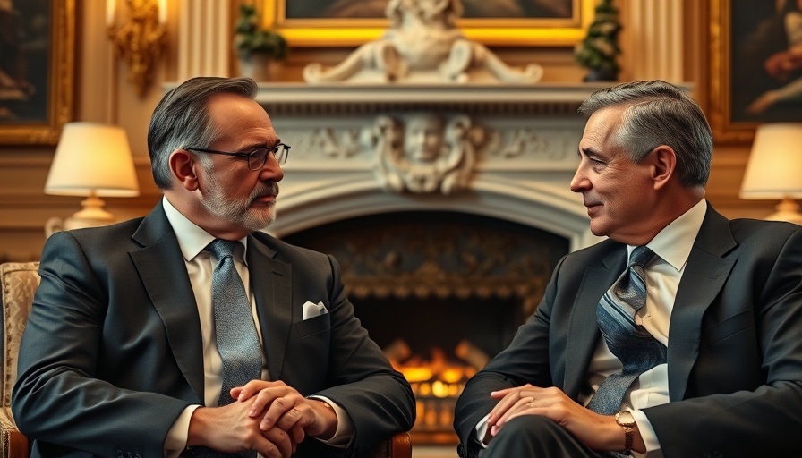 Two men discussing serious topics in a formal setting, national news headlines.